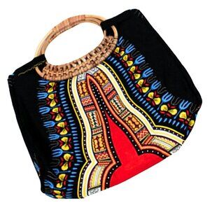 African Traditional Print Wicker Handle Black Multi Color Tote Handbag